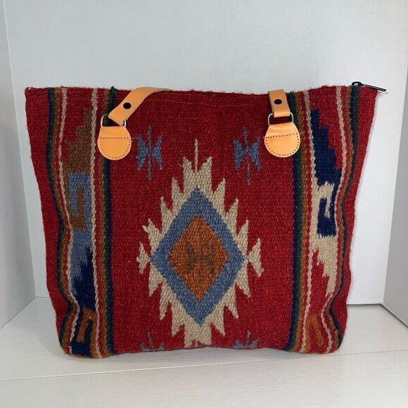 El Paso Saddle Blanket Wool Bag Southwestern Tote Boho Hippie Leather Straps - Picture 1 of 10